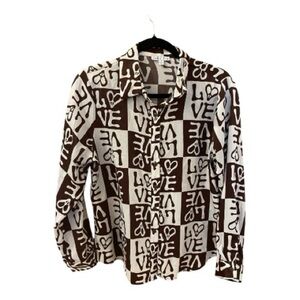 Rabbit Rose Shirt, Size L, Brown Checkered Print, LOVE Written All Over.